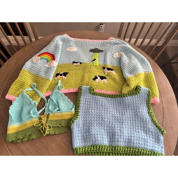 3 piece custom handmade cow farmcore crochet sweater, vest and top - Picture 7 of 9
